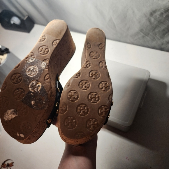 Tory Burch Black and Gold Wedge Sandals - Picture 5 of 6